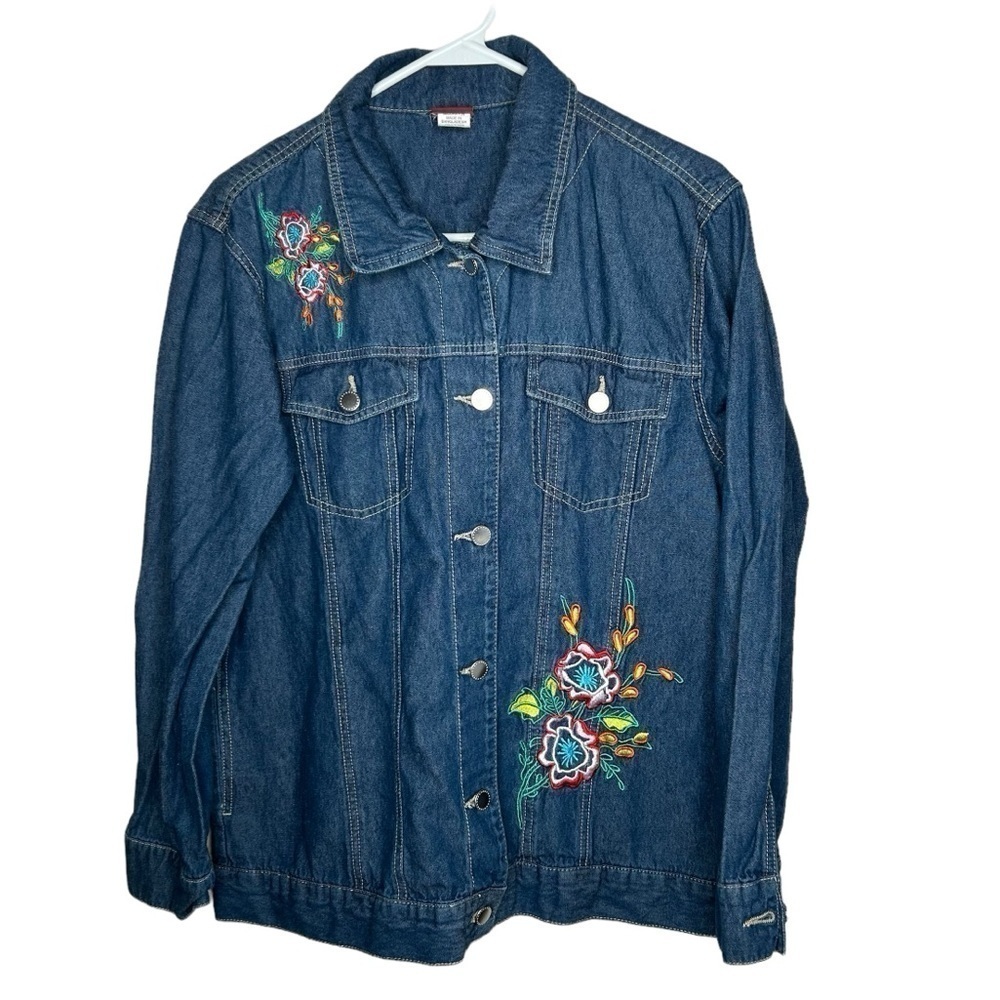 Tudor Court Women Size L Floral Blue 3/4 Sleeve Denim Jacket